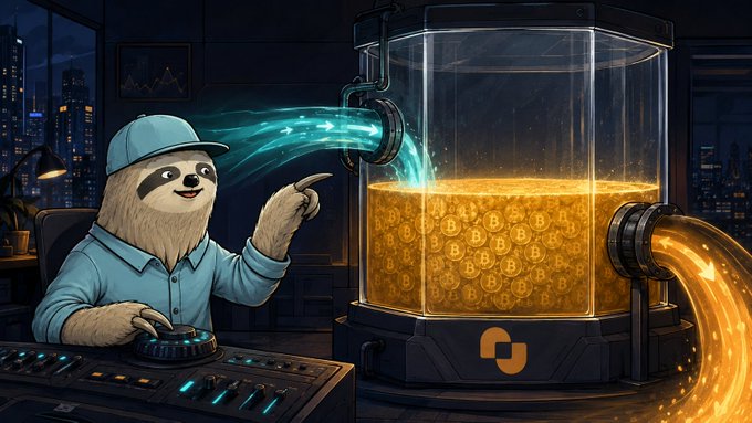 A cartoon sloth in a blue cap and shirt operates a mixing console, controlling a large futuristic tank filled with Bitcoin that glows gold, with energy flowing in from the left and pouring out as liquid crypto on the right.