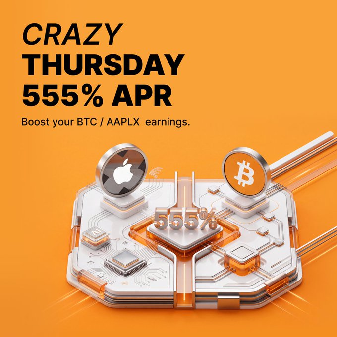 An orange promotional advertisement reading 'CRAZY THURSDAY 555% APR - Boost your BTC / AAPLX earnings', featuring 3D-rendered Apple and Bitcoin logos above a tech-themed platform displaying '555%'.