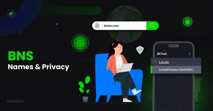 A promotional graphic for 'BNS Names & Privacy' by beldex.io, featuring an illustrated woman with a laptop, a search bar showing 'Beldex.bdx', and a phone displaying BChat contact 'Louis' with a wallet address.
