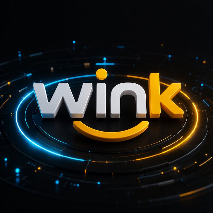 A sleek 3D rendered "Wink" logo featuring white and gold lettering with a stylized smile design, set against a dark futuristic background illuminated by concentric blue and gold neon rings. The image visually reinforces the post's message by branding the decentralized oracle platform driving trusted, on-chain data for AI applications.