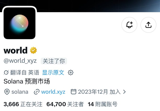 The image shows a profile page for the verified account "world" (@world_xyz) with 64,700 followers, described as a "Solana 预测市场" (Solana prediction market) that joined in December 2023, linking to world.xyz—suggesting the post is promoting a follow for an upcoming airdrop tied to the World project.