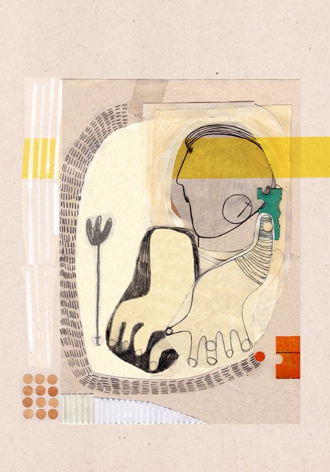 A mixed-media collage artwork featuring abstract sketched figures, yellow and green geometric shapes, and dotted patterns on a beige background.