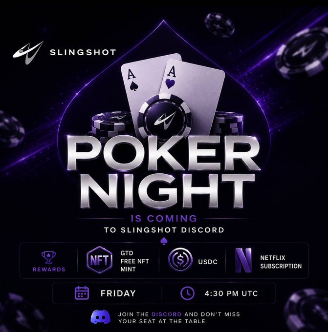 A promotional graphic for "Poker Night" coming to the Slingshot Discord on Friday at 4:30 PM UTC, featuring two aces and poker chips against a purple background. The image highlights rewards including a GTD Free NFT Mint, USDC, and a Netflix Subscription, inviting viewers to join the Discord for their seat at the table.