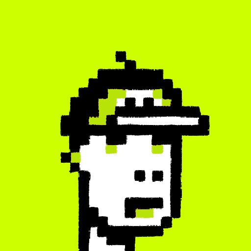 A low-resolution pixel art portrait of a white figure with black hair and a black hat against a bright green background.