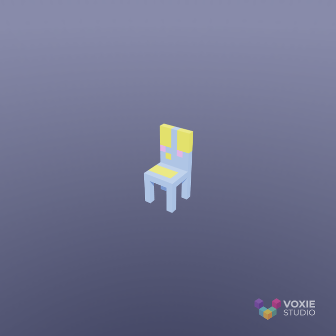A 3D voxel-style render of a simple chair with a yellow and light blue design floating on a solid purple background, with a 'VOXIE STUDIO' watermark in the corner.