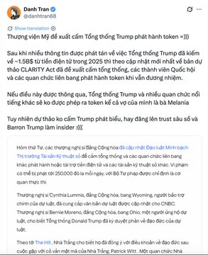 The image shows a Vietnamese-language Twitter thread by "Danh Tran" (@danhhtran88) discussing the potential implications of President Trump issuing additional tokens beyond $TRUMP, referencing a $1.5 billion investment and Senate proposals regarding presidential token issuance.