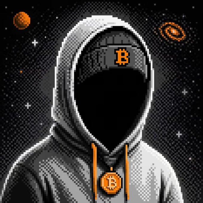 A pixel art illustration of a faceless figure in a white hoodie wearing a Bitcoin headband and a Bitcoin necklace, set against a starry space background with planets.