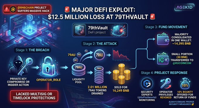 An infographic detailing a 'MAJOR DEFI EXPLOIT: $12.5 MILLION LOSS AT 79THVAULT', outlining four stages: the breach, the attack draining 2.01 million 79AU tokens sold for 16,249 BNB, fund movement, and project response.