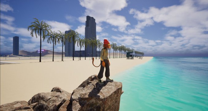 A cartoon-style character with a red beanie and long tail stands on rocks overlooking a tropical beach with turquoise water, palm trees, and skyscrapers in the distance, fitting the "Gm Gm Gang" vibe of the GutterCatGang community. The serene coastal backdrop paired with the laid-back character captures the relaxed, community-driven spirit typical of the NFT collective's branding.