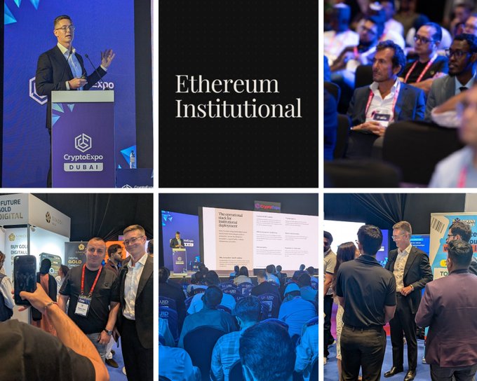 Marius L. Smith speaks on stage at CryptoExpo Dubai about "Ethereum Institutional" adoption, with conference attendees networking in the exhibition hall below. The event highlights the UAE's growing role in hosting major cryptocurrency and blockchain industry discussions.
