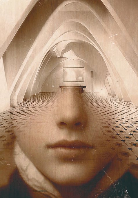 A double exposure or composite image showing a woman's face (nose and lips) overlaid on a sepia-toned, vaulted hallway with a tiled floor and a bench at the far end.