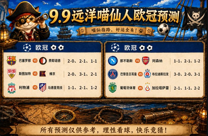 A graphic titled '9.9 远洋喵仙人 欧冠预测' displays UEFA Champions League match predictions including Barcelona vs Inter (2-0, 2-1, 1-1), Liverpool vs Atletico Madrid (1-1, 2-1, 1-2), Napoli vs Arsenal (1-1, 2-1, 1-2), and more, with a pirate cat mascot.