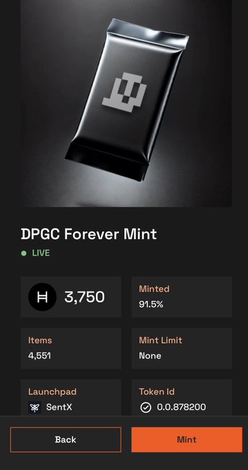 A mobile app interface showing a live NFT minting page for 'DPGC Forever Mint', displaying 3,750 minted items (91.5%), a launchpad of SentX, and buttons for 'Back' and 'Mint'.