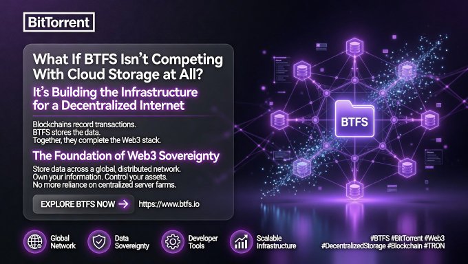 The image shows an advertisement for BitTorrent, which promotes cloud storage solutions. The main focus of the image is a purple background with white text that reads "What If BTFS Isn't Competing With Cloud Storage at All?". This statement suggests that the company wants to emphasize the uniqueness and potential benefits of their cloud storage services compared to traditional storage methods.