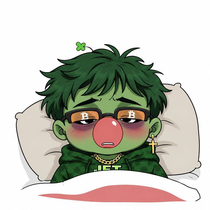 A cartoon illustration of a green-skinned character with dark hair, a red clown-like nose, and Bitcoin logo sunglasses, lying in bed wearing a green hoodie and a gold cross earring.