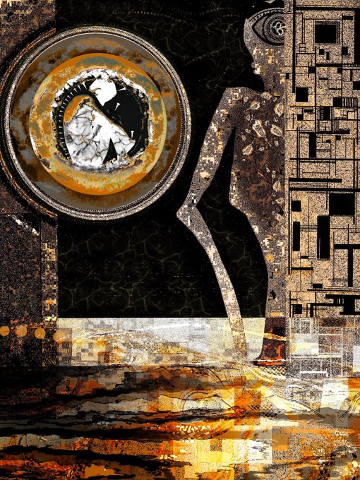 A textured, abstract mixed-media collage featuring a circular clock-like element, a silhouette of a figure, and architectural grid patterns in gold, black, and orange tones.
