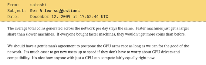 An email from satoshi dated December 12, 2009, discussing GPU mining arms race concerns and proposing a gentleman's agreement to postpone GPU adoption for the good of the network.