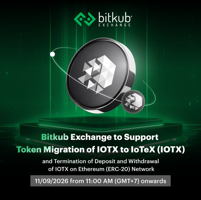A Bitkub Exchange promotional graphic with a dark green background, featuring 3D renderings of the IOTX token coins on a glowing podium alongside the Bitkub Exchange logo. The text reads: "Bitkub Exchange to Support Token Migration of IOTX to IoTeX (IOTX) and Termination of Deposit and Withdrawal of IOTX on Ethereum (ERC-20) Network — 11/09/2026 from 11:00 AM (GMT+7) onwards."