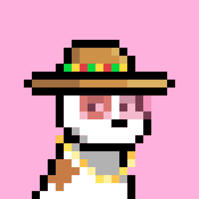 Pixel art of a white dog or cat wearing a colorful sombrero and scarf against a pink background.