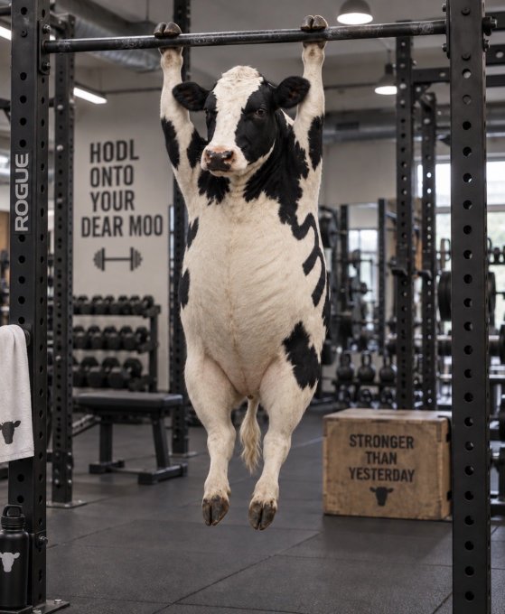 A black and white cow hangs from a pull-up bar in a gym, with motivational posters on the wall reading 'HODL ONTO YOUR DEAR MOO' and 'STRONGER THAN YESTERDAY'.