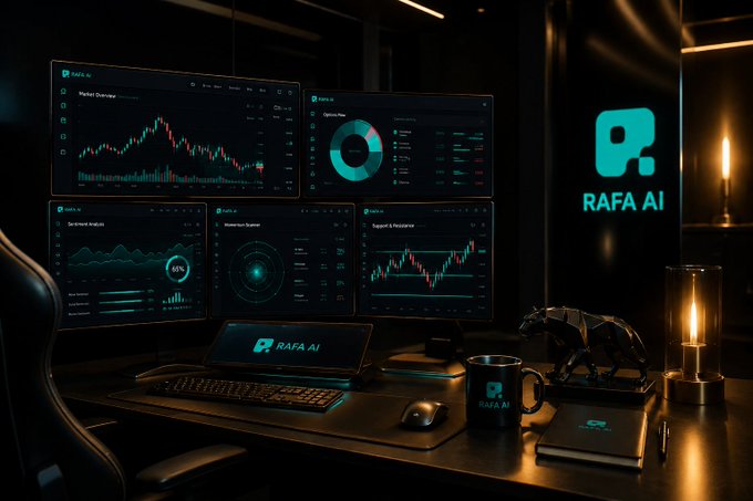 The image features a dark room with two monitors, one larger screen and one smaller screen showing various charts and graphs related to stock trading and economic trends. The screens are surrounded by computer equipment such as keyboards and mice. There is also a cup placed on the workspace near the larger monitor. The room appears to be designed for efficient work, possibly used by someone who is interested in financial analysis or studying market trends, like the post about Rafai AI.