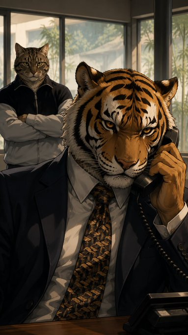 A digital illustration of an anthropomorphic tiger wearing a business suit and tie, holding a telephone receiver, with a cat-headed figure standing with arms crossed in the background.