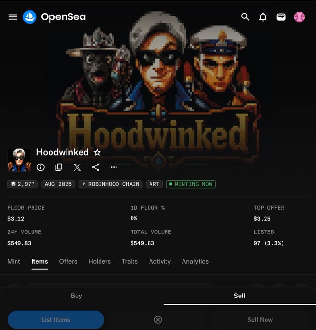 A screenshot of an OpenSea NFT marketplace page for 'Hoodwinked' collection on Robinhood Chain, showing a floor price of $3.12, 24H volume of $549.83, and a pixel art banner featuring three characters.