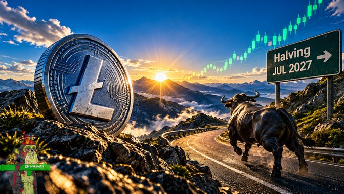 A financial graphic showing a Litecoin coin, a charging bull, a green candlestick chart, and a road sign reading 'Halving JUL 2027'.