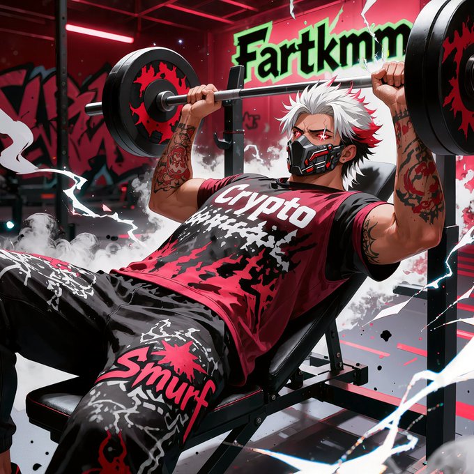 An anime-style illustration depicts a muscular character with white hair, tattoos, and a mask, performing a barbell bench press in a gym with red and black graffiti, wearing a shirt with 'Crypto' and shorts with 'Smurf'.