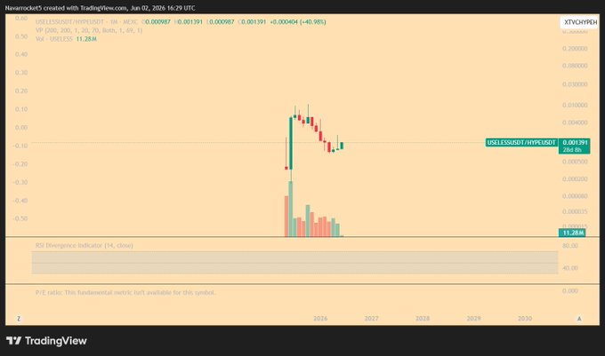 The image shows a computer screen displaying a chart or graph with a downward trend, possibly representing the stock market. The text "imagined the smell / $USELESS / $HYPE" suggests that someone has created this visual representation as part of an art project or for a social media post. The post is titled "TVC - Bitcoin - May 20, 2010 - $USELESS", which implies that it was created in 2009 and is not related to the stock market.