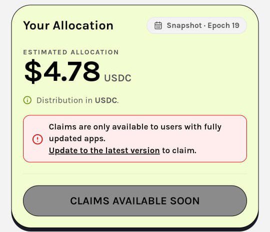 The image shows a "Your Allocation" panel from the GRASS Season 2 airdrop, displaying an estimated allocation of $4.78 USDC for Snapshot Epoch 19, with a disabled "Claims Available Soon" button and a warning that claims require the latest app version—reflecting the user's modest reward after collecting 63 million points.