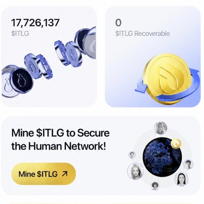 The image shows an InterLink dashboard displaying a $ITLG balance of 17,726,137 with $0 recoverable, alongside a "Mine $ITLG to Secure the Human Network!" call-to-action button. 

This supports the post's message by visually emphasizing the urgency to claim and mine $ITLG daily before InterLink's Open Mainnet potentially ends the daily mining rewards.