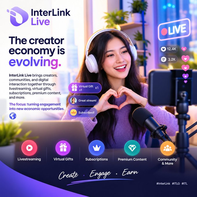 An InterLink Live promotional graphic stating "The creator economy is evolving," featuring a smiling young woman making a heart shape with her hands during a livestream.
