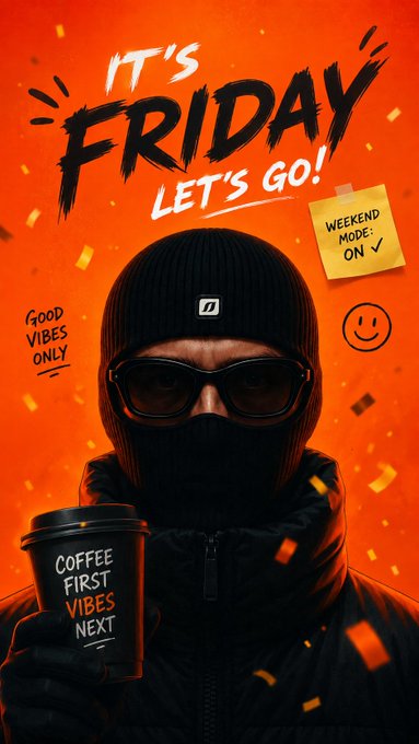 A promotional graphic reading "IT'S FRIDAY LET'S GO! WEEKEND MODE: ON" featuring a person in a black ski mask and sunglasses holding a "COFFEE FIRST VIBES NEXT" cup against an orange background.