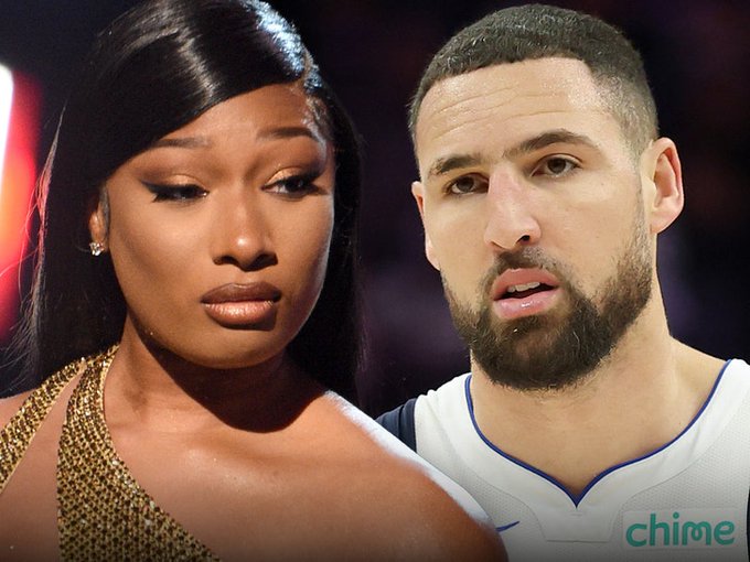 A composite image showing Megan Thee Stallion in a gold outfit alongside Dallas Mavericks center Klay Thompson, with a "chime" sponsor logo visible on his jersey, while the post's caption suggests Thompson is being praised for staying silent about rumored romance with her.