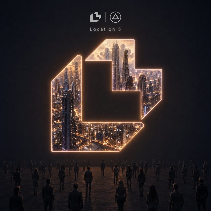 A stylized, glowing logo for 'Location 5' features a geometric shape filled with an illuminated nighttime cityscape, hovering above a crowd of silhouetted figures looking up.