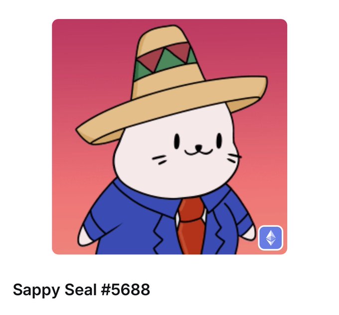 A digital NFT image titled 'Sappy Seal #5688' featuring a cute cartoon white seal character wearing a colorful sombrero-style hat, blue suit jacket, and red tie, with an Ethereum logo in the bottom corner.