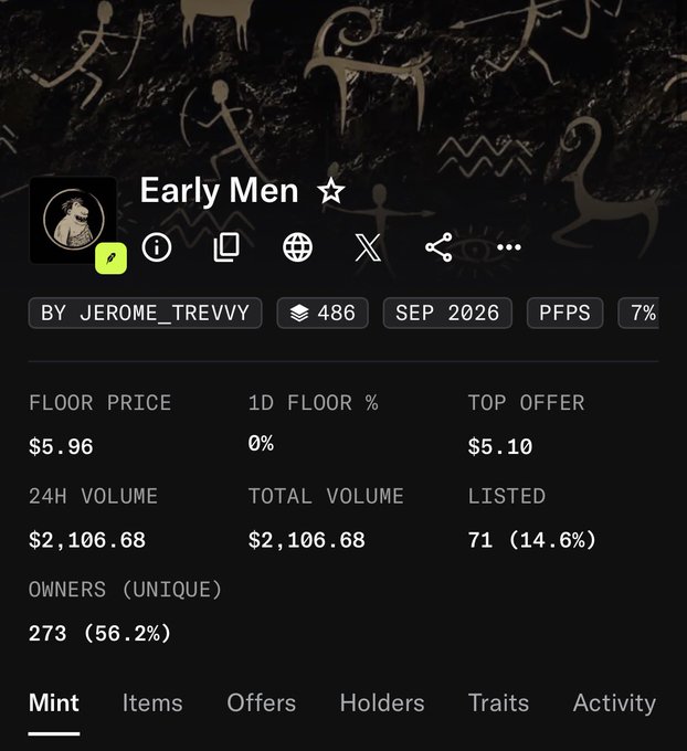 A digital NFT marketplace page displaying a collection titled "Early Men" by JEROME_TREVVY, showing statistics including a floor price of $5.96, 486 supply, and 273 unique owners.