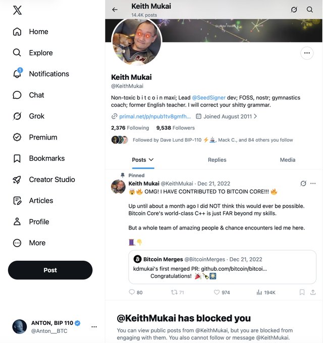 The image shows a Twitter/X profile page for Keith Mukai (@KeithMukai), a Lead @SeedSigner developer with 14.4K posts, displaying his pinned post from December 21, 2022 about contributing to Bitcoin Core, which received 194K views. At the bottom of the screenshot, a notification states "@KeithMukai has blocked you," visually confirming the accompanying post's claim that Mukai blocked the user—likely one of the "BIP 110 people" mentioned.