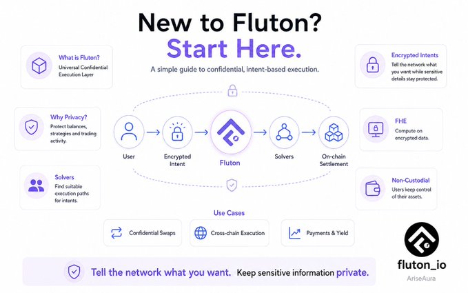 An infographic titled 'New to Fluton? Start Here' explaining Fluton as a Universal Confidential Execution Layer, showing a flow from User → Encrypted Intent → Fluton → Solvers → On-chain Settlement, with use cases including Confidential Swaps, Cross-chain Execution, and Payments & Yield.