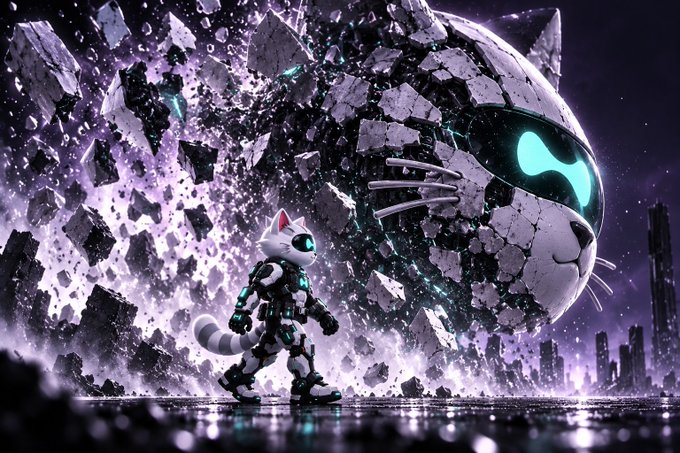 A digital artwork featuring a robotic cat-like humanoid in futuristic armor standing before a giant cat-shaped structure shattering into fragments, glowing with teal and purple energy in a destroyed cityscape.