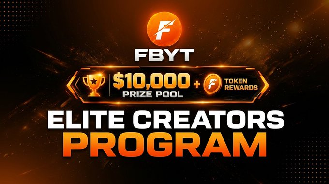 A promotional graphic for the FBYT Elite Creators Program featuring a fiery orange and black design with the FBYT logo, highlighting a $10,000 prize pool plus token rewards, which directly advertises the ambassador program benefits mentioned in the post.