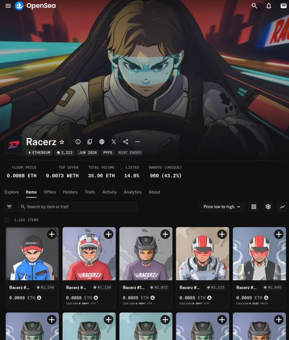 The image shows a collection of anime characters for sale with prices ranging from 0.01 to 0.99 ETH (ether). The characters include a race car driver character, a fighter pilot character, and other characters such as a robot or a person wearing a helmet. The post suggests that these characters are being sold below 0.05 ETH, which means collectors can buy them for less than the average price of 0.03 ETH. This could be an opportunity for collectors to find rare or unique characters at a more affordable price.