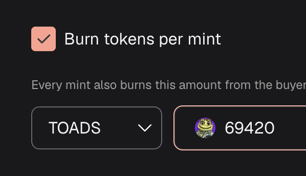 A dark interface showing a 'Burn tokens per mint' setting with 'TOADS' selected and an amount of 69420 displayed next to a frog emoji.