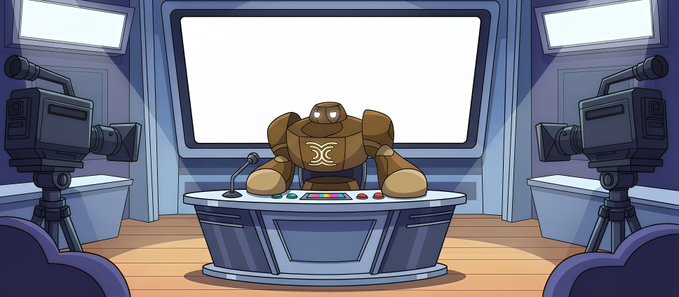 A cartoon news studio scene featuring a brown robot news anchor sitting at a desk with a microphone, flanked by two television cameras against blue walls and a large blank screen.