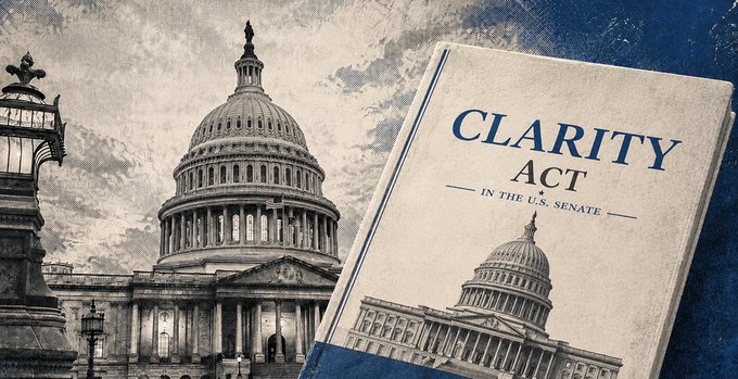 A news-style graphic showing the U.S. Capitol building alongside a document titled 'CLARITY ACT IN THE U.S. SENATE'.