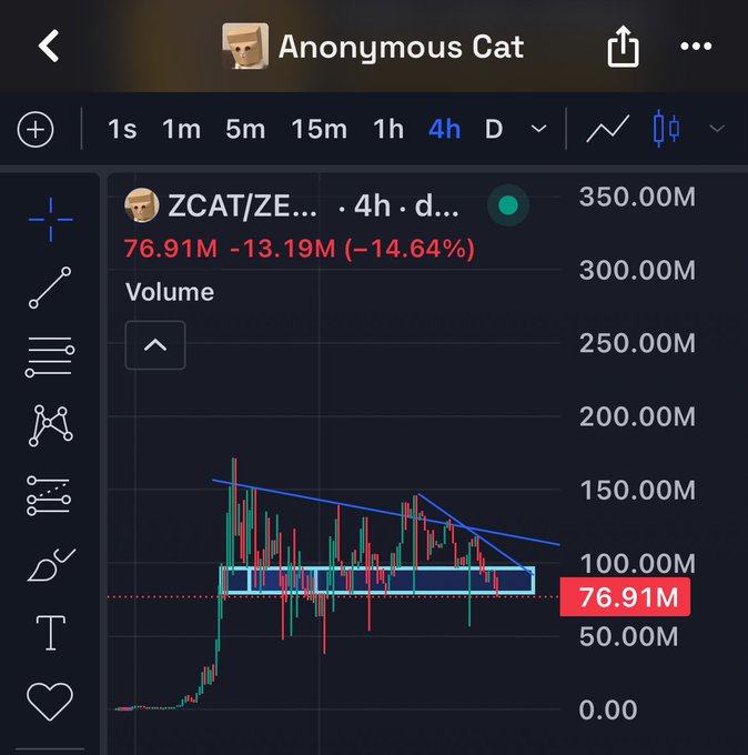 A 4-hour chart for ZCAT/ZEC shows a downtrend with a descending triangle pattern and a 14.64% decline to 76.91M, while the poster remains bullish, insisting they won't be shaken out and projecting the anonymous cat token to new highs.