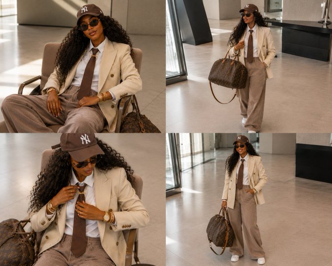 A four-panel collage shows a woman in a beige blazer, brown trousers, brown tie, and a New York Yankees cap posing with a Louis Vuitton bag in a modern, sunlit interior.