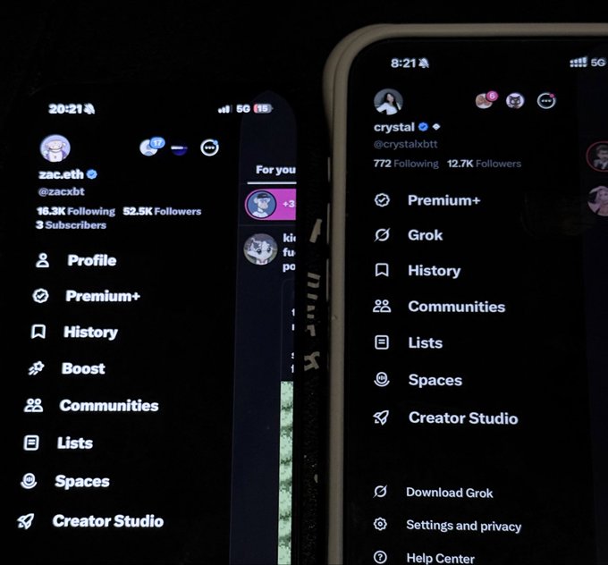 A photo of two phones showing the X (Twitter) app side-by-side, displaying two different accounts: "zac.eth (@zacxbt)" with 52.5K followers on the left, and "crystal (@crystalxbtt)" with 12.7K followers on the right. The "ct irl" caption refers to the slang "catfishing irl" or deception in person, suggesting these two crypto Twitter accounts may look different online than they do in real life.