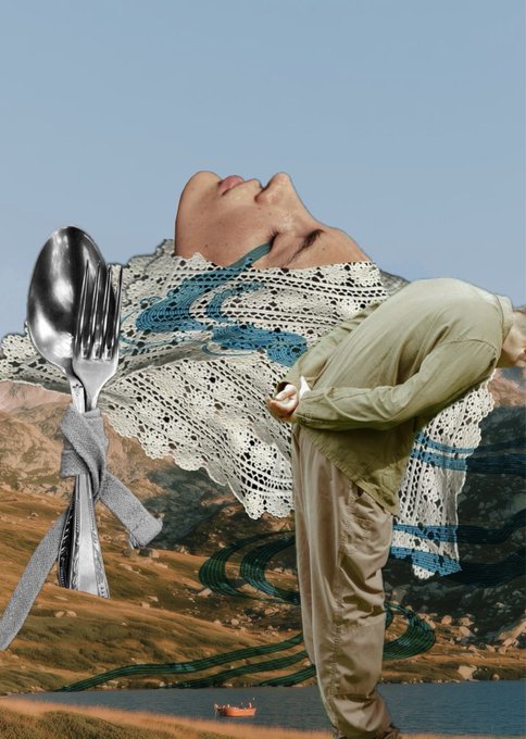 A surreal collage showing a person bending backward, a figure in beige pants, and silverware tied together with a lace doily against a hilly landscape.